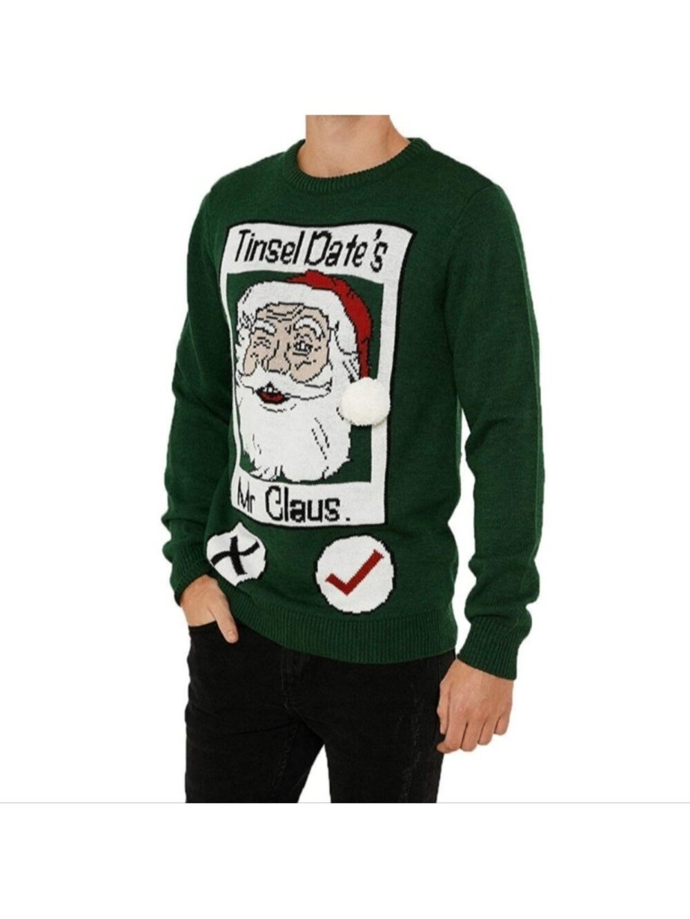 💠Threadbare Mr. Claus Ugly Christmas Sweater Green Mens Size XL Pom-Pom Knit
